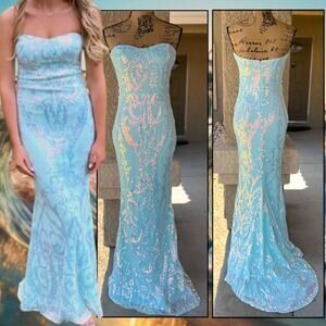 Lulus Light Blue Sequin Strapless Mermaid Maxi Made to Stun Dress Size M